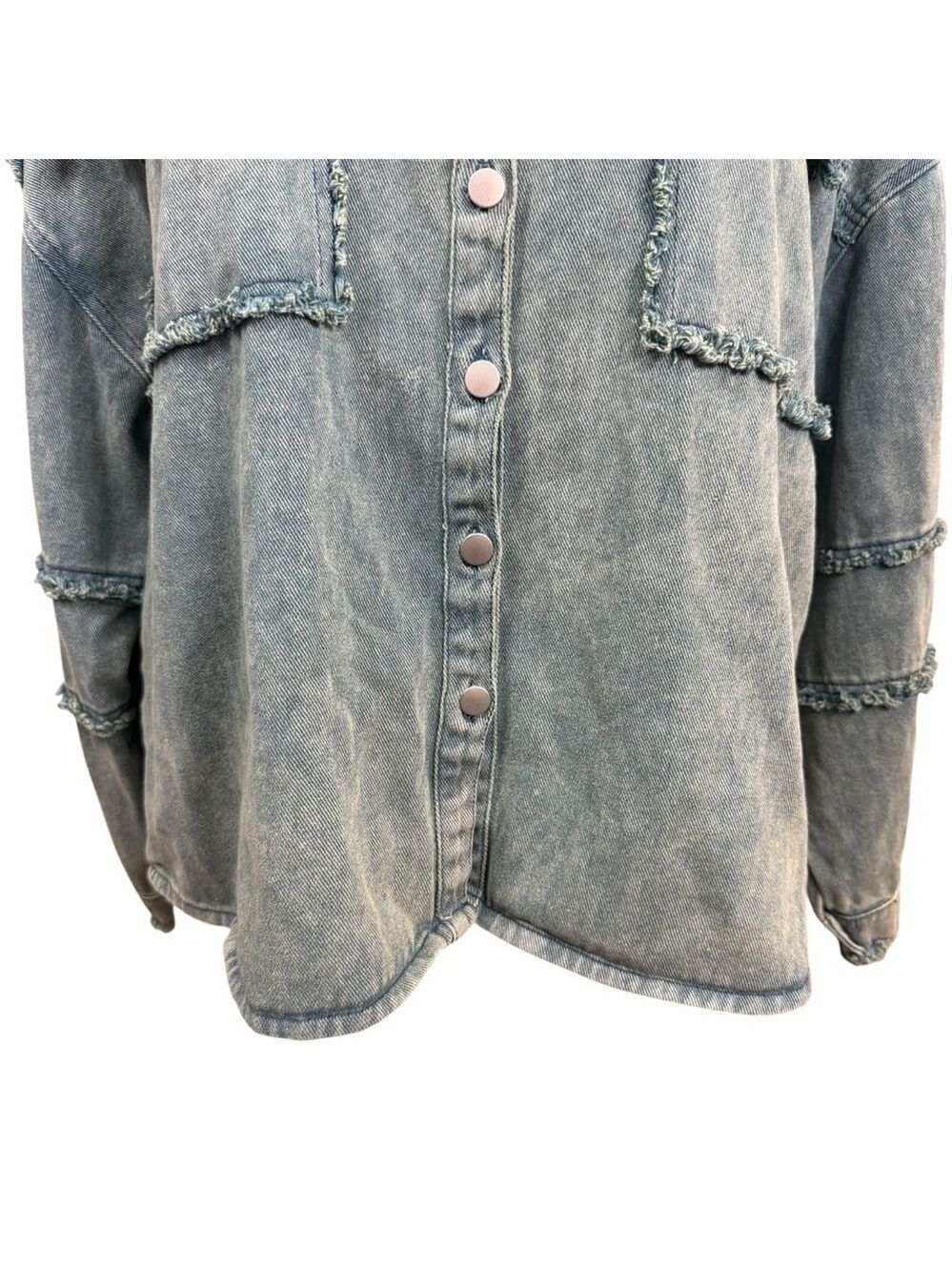 POL Frayed Denim Shacket Jacket Size L Blue Snap Front Distressed Western Style - Picture 3 of 10